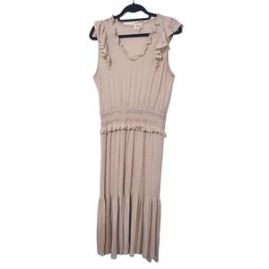 Ava James Dress Medium Linen Blend Sleeveless Shirred Waist Ruffles Cottagecore